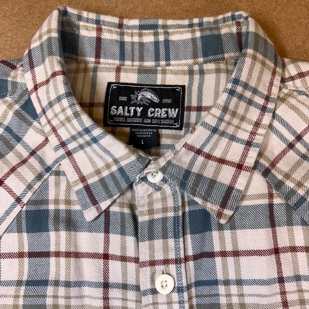 Salty Crew Westbound Plaid Flannel Button Up Shirt Men Large Cream Blue RN104090